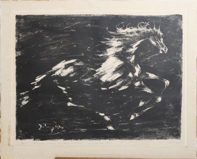 une image représentant un dessin en noir et blanc d'un cheval au galop