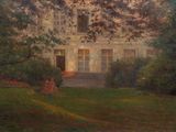 tableau représentant une femme assise sur une pelouse devant une maison