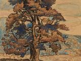 an image of a painting of a tree on a hill