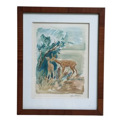framed watercolor painting of a deer and her fawn by a tree