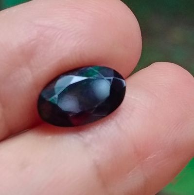 une personne tenant dans la main une pierre verte et noire