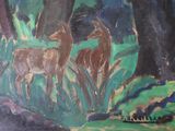 a painting of a deer and a deer in the woods