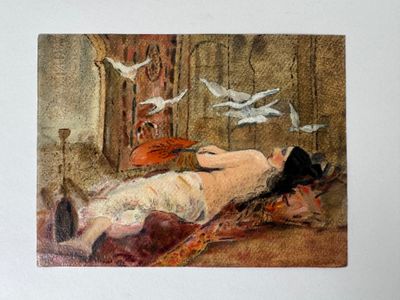 a painting of a woman laying on a bed surrounded by birds
