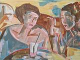 tableau représentant deux femmes assises à une table, avec des verres devant elles
