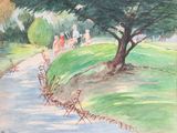 painting of people sitting on a bench in a park by a tree