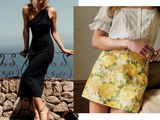 deux photos d'une femme portant une robe noire et une jupe à fleurs jaunes