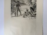 un vieux dessin représentant un homme et une femme sur une plage