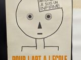 a poster with a drawing of a man with a sign on it