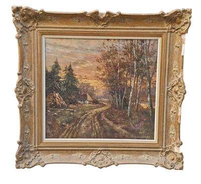 an oil painting of a country road with a barn in the distance