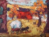 une peinture à l'huile représentant une calèche devant une grange rouge
