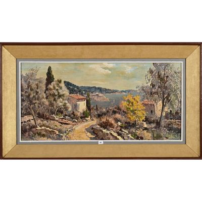 une image représentant un tableau représentant un paysage avec une maison et des arbres
