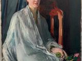 tableau représentant une femme assise sur une chaise, une fleur posée sur ses genoux