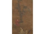 a painting of a man sitting under a tree next to a bird