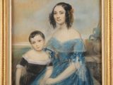 un tableau représentant une femme et un enfant en robe bleue