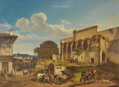 tableau représentant une vue de ville avec une calèche