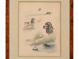 une image représentant un dessin de deux chiens et d'un oiseau dans un champ