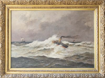 une peinture à l'huile représentant un bateau sur une mer agitée, avec un autre bateau en arrière-plan