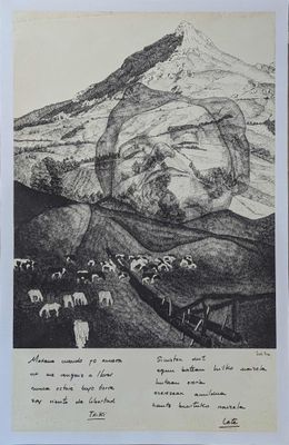 a drawing of a mountain with a herd of sheep
