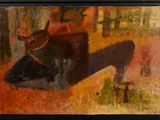 une peinture à l'huile représentant une femme assise sur une vache dans un champ