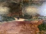 a painting of a man walking down a dirt road