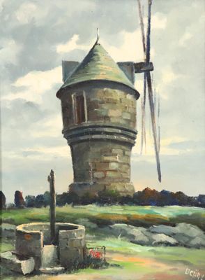 tableau représentant un moulin à vent dans un champ, avec un puits au premier plan