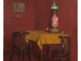 painting of a table with two chairs and a vase on top of it