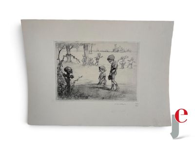 un dessin en noir et blanc représentant deux enfants jouant dans un champ