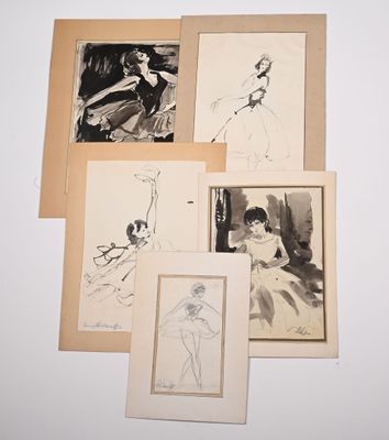 several drawings of a woman in a ball gown and a man in a tuxedo