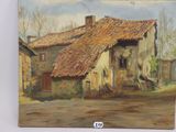 an oil painting of a house with a red roof on a white wall