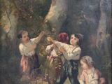 tableau représentant deux enfants jouant avec un oiseau dans un environnement boisé