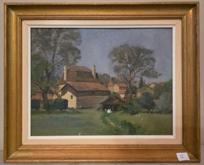 une image représentant une peinture d'une scène de vie à la ferme, avec une vache au premier plan