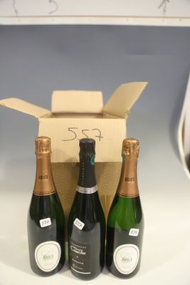trois bouteilles de vin dans un carton posé sur le comptoir