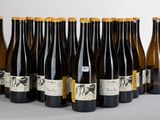 six bouteilles de vin sont alignées sur une table