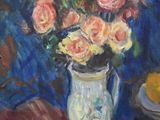 a painting of a vase of flowers and fruit on a table