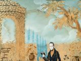 a painting of a man sitting on a bench with a dog