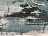 a close up of a painting of a boat on the water