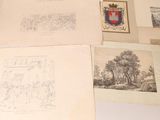 several drawings of trees and buildings are on a table