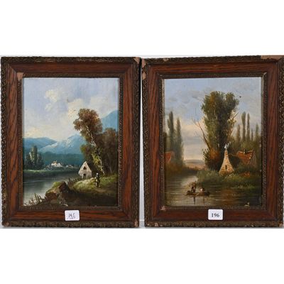 paire de peintures à l'huile sur toile du XIXe siècle représentant des scènes rurales
