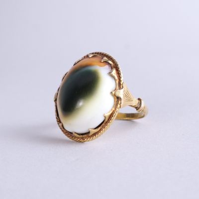 une image représentant une bague en or sertie d'une pierre noire et blanche