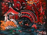 an oil painting of a red bridge over a pond with fish