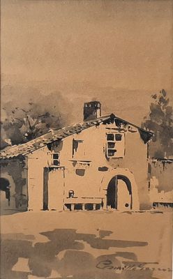 une peinture représentant un bâtiment surmonté d'une horloge