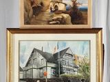 une peinture représentant une maison et une autre représentant un chien devant une maison