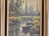 a painting of a boat on the water by a wall