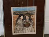 tableau représentant deux femmes avec des paniers de fleurs devant une porte blanche