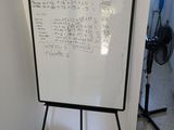 a white board with writing on it next to a pair of shoes