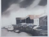 a picture of a painting of boats docked at a dock