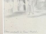 a drawing of a man and a woman standing outside of a house