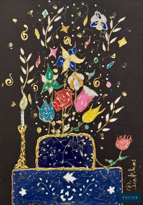 une image représentant un tableau sur lequel figure une boîte bleue contenant des fleurs