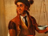 painting of a man holding a plate of food in a room