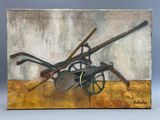 une photo d'un tableau représentant un porteur de brouette et une paire de pelles